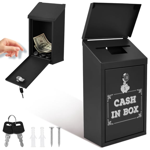 Metal Donation Box Wall Mounted Mailbox with Top Slot, Collection Box with Key Lock, Steel Cash Drop Box for Home Office and Business