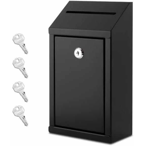 Metal Donation Box with Lock, Wall Mounted, Suggestion Box with 4 Iron Keys, Black, Cash Drop Box with Slot, 1-Pack
