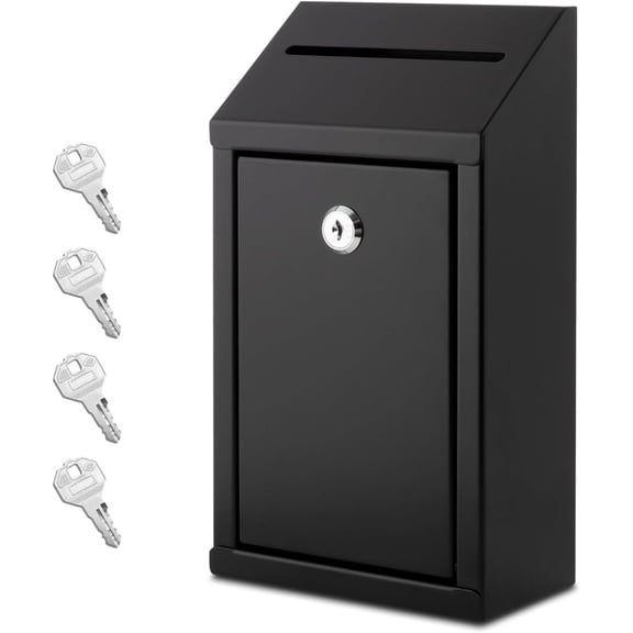Metal Donation Box with Lock, Wall Mounted, Suggestion Box with 4 Iron Keys, Black, Cash Drop Box with Slot, 1-Pack