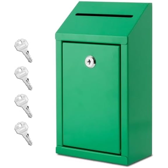 Metal Donation Box with Lock, Wall Mounted, Suggestion Box with 4 Iron Keys, Green, Cash Drop Box with Slot, 1-Pack