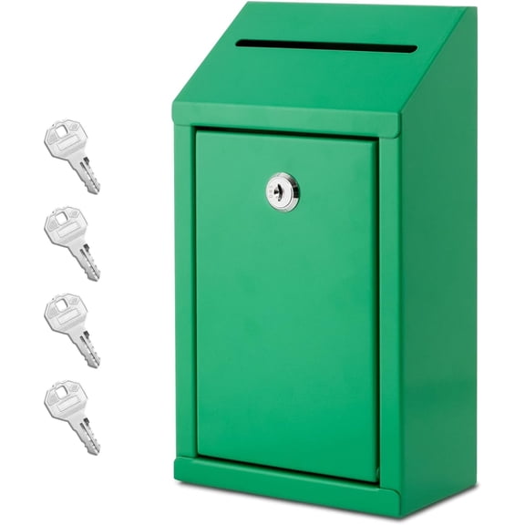 Metal Donation Box with Lock, Wall Mounted, Suggestion Box with 4 Iron Keys, Green, Cash Drop Box with Slot, 1-Pack