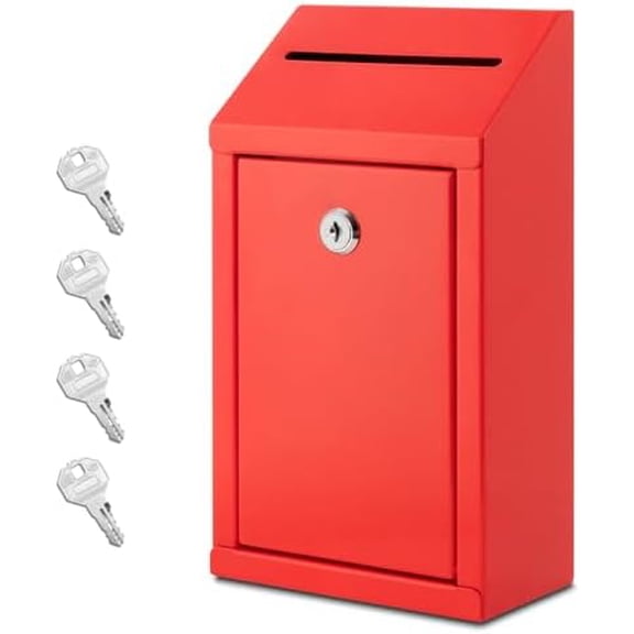 Metal Donation Box with Lock, Wall Mounted, Suggestion Box with 4 Iron Keys, Red, Cash Drop Box with Slot, 1-Pack