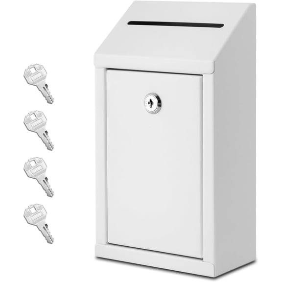 Metal Donation Box with Lock, Wall Mounted, Suggestion Box with 4 Iron Keys, White, Cash Drop Box with Slot, 1-Pack