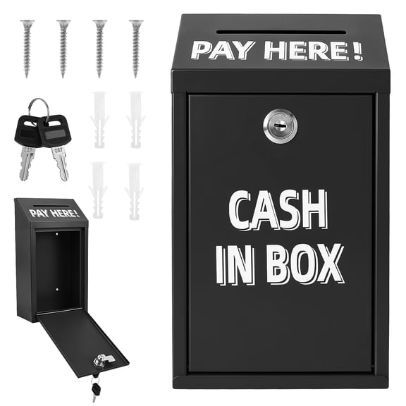 Metal Donation Box with Lock and Slot,Wall Mount Charity Collection Donation Box,10.24 x 5.63 x 2.91 inches,Black Color