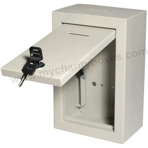 Metal Donation Charity Collection Box Secure Heavy duty Durable steel lock box extra thick metal door open to top slot on top and front of box lock with keys