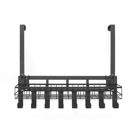 Metal Door Hanger with Basket, Over the Door Rack, 8 Hooks, Black