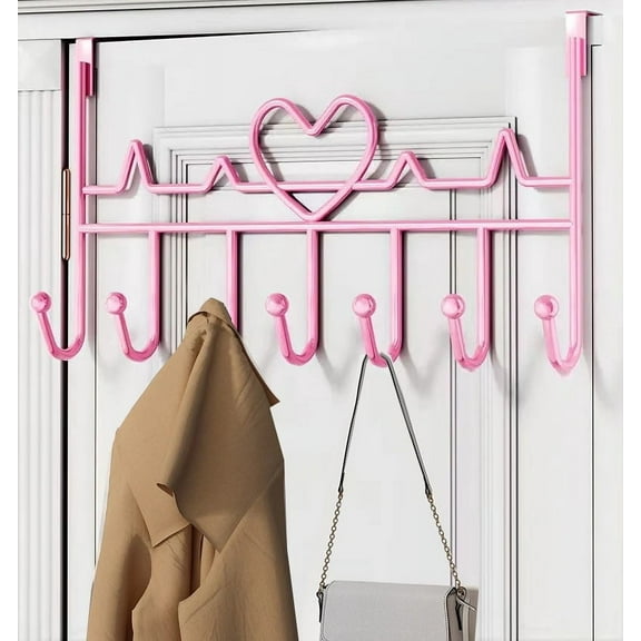 Metal Over Door Hook Rack with 7 Hooks,Bexikou Pink Decorative Over The Door Clothes Hanger Suitable for Towels Hats Coats Bag Scarfs in Bathrooms, Bedroom, Kitchen