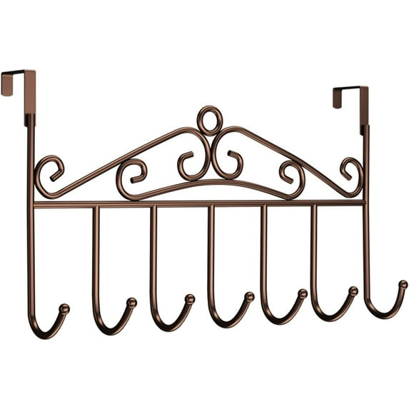 Metal Over Door Hook Rack with 7 Hooks No Punching and No Sticking Decorative Over The Door Clothes Hanger Suitable for Towels Hats Coats Bag Scarfs in Bathrooms, Bedroom, Kitchen(1 Pcs,Bronze)