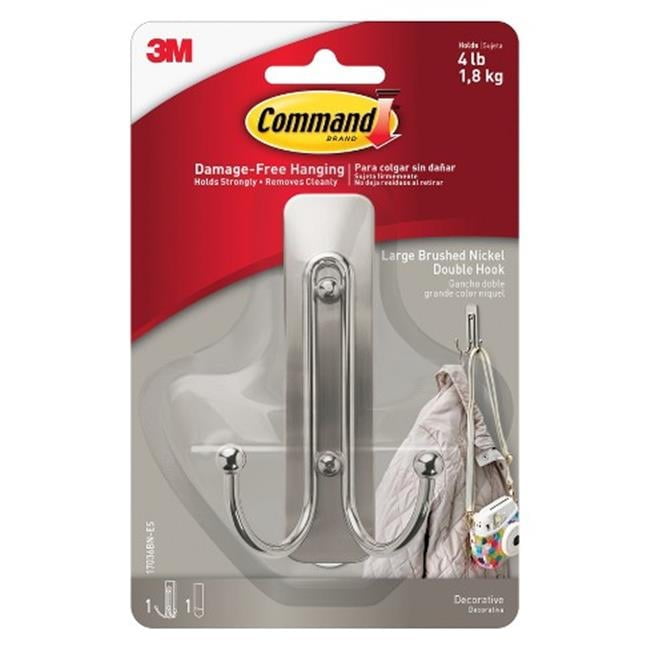 Metal Double Hook with Strips - Brushed Nickel, Large