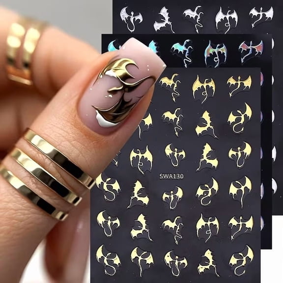 Metal Dragon Element Nail Stickers - Shiny Gold & Silver Punk Fantasy Nail Art Decals for Creative Expression