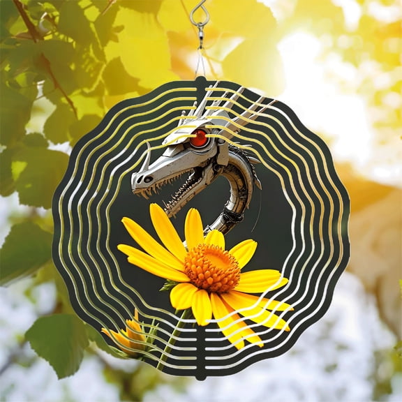 Metal Dragon Head Wind Spinner with Glowing Eyes & Flower Design - Unique Yard & Garden Decor Dynamic Futuristic Aesthetic