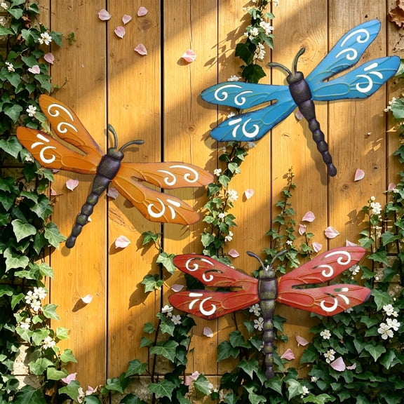 Metal Dragonfly Wall Decor 15.75 x 9.84 in, Iron Outdoor Garden Fence Patio Balcony Wall Art for Yard Decor, Orange