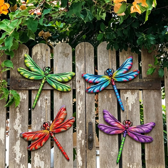 Metal Dragonfly Wall Decor, 4 Pack Outdoor Garden Fence ArtHanging Wall Art Decorations for Yard Patio Fence Garden Outside Decorations, Gift for Family Kids Friends