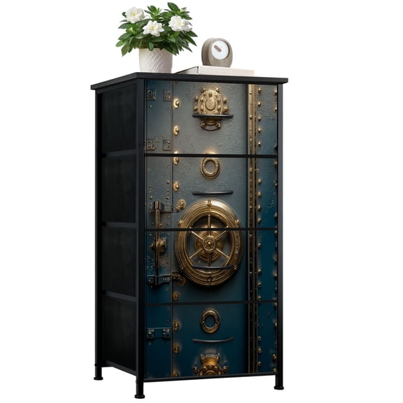 Metal Dresser for Bedroom with 4 Storage Drawers Bank Vault Door Gold Wheel Handle Blue Steel Dressers Chest of Drawers Steel Framed Fabric Closet Organizers for Dorm Entryway