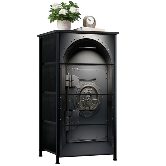 Metal Dresser for Bedroom with 4 Storage Drawers Industrial Heavy Metal Vault Door Circular Lock Dressers Chest of Drawers Steel Framed Fabric Closet Organizers for Dorm Entryway