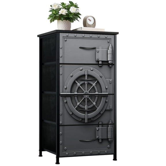 Metal Dresser for Bedroom with 4 Storage Drawers Industrial Steel Bank Vault Door Wheel Handle Riveted Metal Panels Dressers Chest of Drawers Steel Framed Fabric Closet Organizers for Dorm Entryway