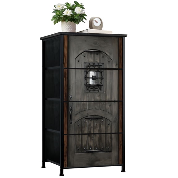 Metal Dresser for Bedroom with 4 Storage Drawers Rustic Wooden Arched Door Iron Grille Dressers Chest of Drawers Steel Framed Fabric Closet Organizers for Dorm Entryway