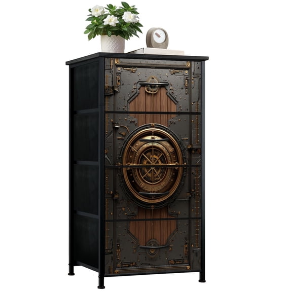 Metal Dresser for Bedroom with 4 Storage Drawers Steampunk Vault Door Brass Gears Panels Industrial Mechanical Style Dressers Chest of Drawers Steel Framed Fabric Closet Organizers for Dorm Entryway