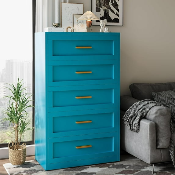 Metal Dresser for Bedroom,Dressers & Chests of Drawers,5 Tall Drawer Chest Dresser,Steel Wide Closet for Bedroom, Storage Drawer for Closet,Hallway,Living Room(Blue)