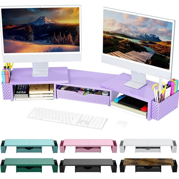 Metal Dual Monitor Stand Riser with Drawer & 2 Pen Holders - Ergonomic Desk Storage Organizer