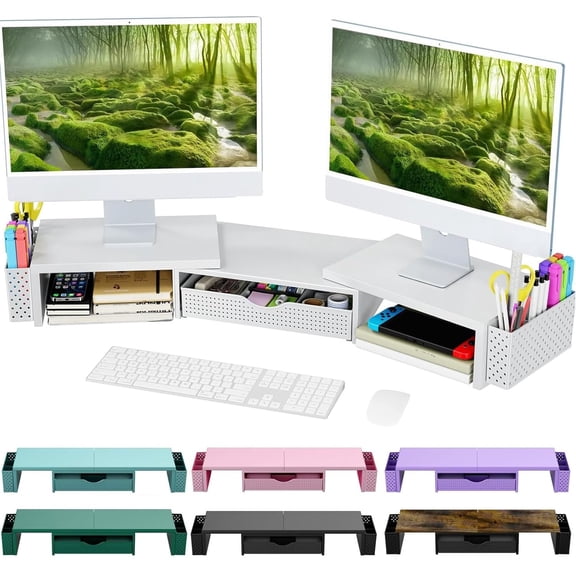 Metal Dual Monitor Stand Riser with Drawer & 2 Pen Holders - Ergonomic Desk Storage Organizer