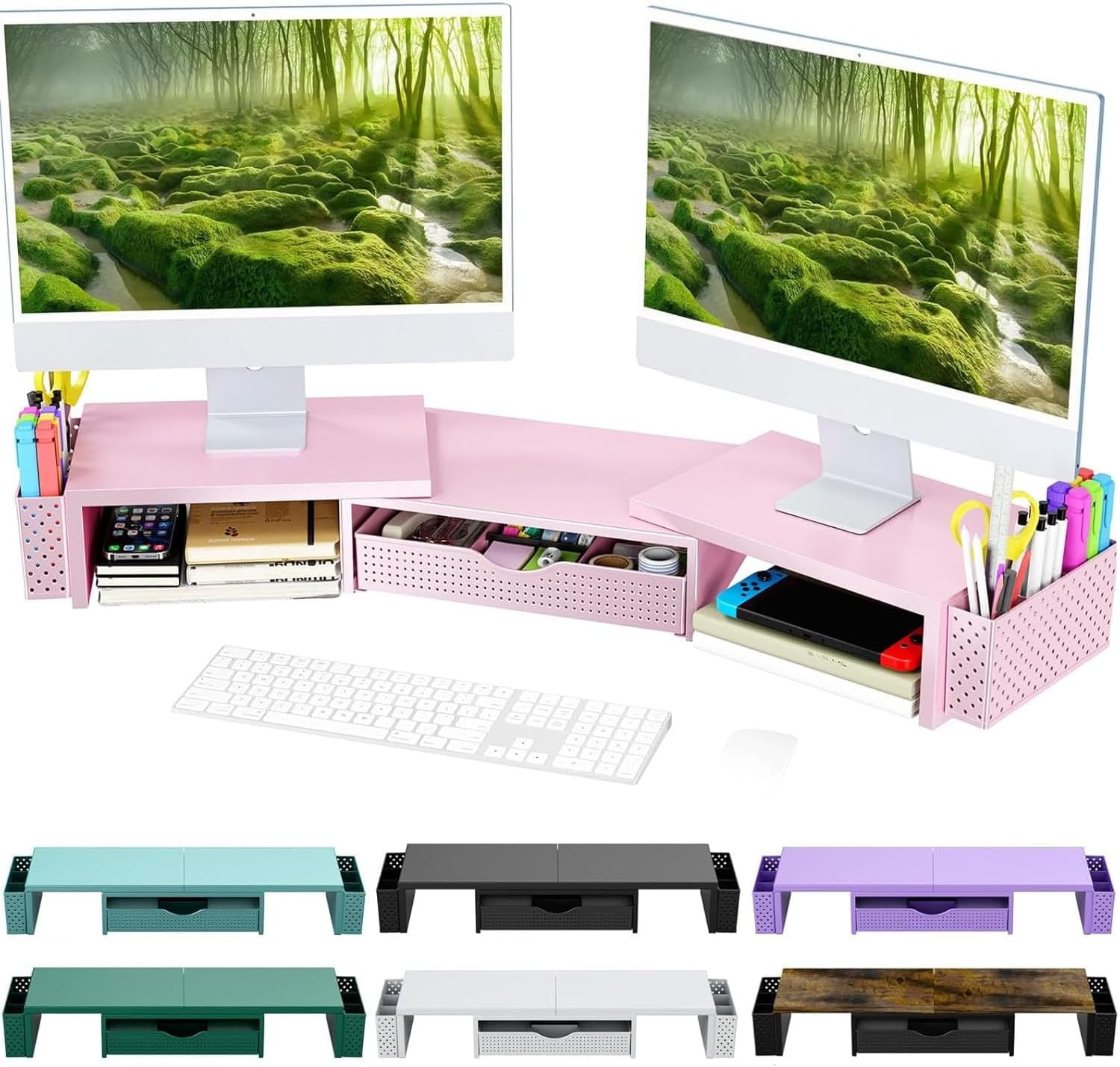 Metal Dual Monitor Stand Riser with Drawer & 2 Pen Holders - Ergonomic Desk Storage Organizer