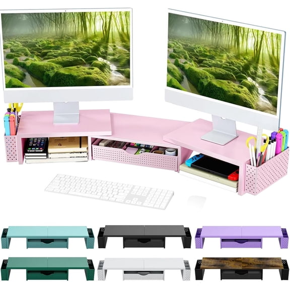 Metal Dual Monitor Stand Riser with Drawer & 2 Pen Holders - Ergonomic Desk Storage Organizer