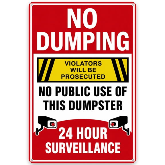 Metal No Dumping Warning Sign with 24 Hour Surveillance Notice, Prosecution Alert, Durable Iron Material Wall Decor, Easy Hanging for Outdoor/Indoor Use, Weather Resistant, 8x12 Inch