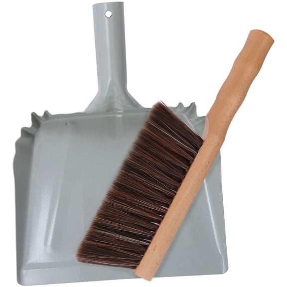 Metal Dust Pan and Brush Set Soft Bristle Wooden Broom Heavy Duty Pan Portable Size