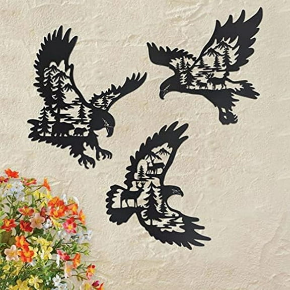 Metal Eagle Wall Art Decor Set of 3, Bald Eagle Wall Decor with Bear Deer Silhouette Pattern, Lodge Hunting Decor