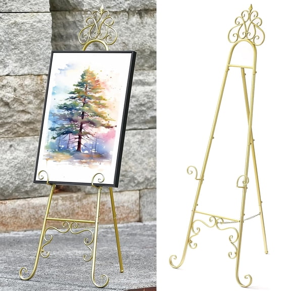 Metal Easel Stand for Sign with Chain Support, Gold Extra Large Scroll Floor Standing Easel for Display Wedding Sign Picture Frame Mirror, 59" H × 22" L × 20" W