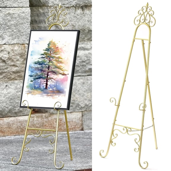 59"H × 22"L × 20"W Gold Metal Scroll Floor Easel with Chain Support for Wedding Sign Display