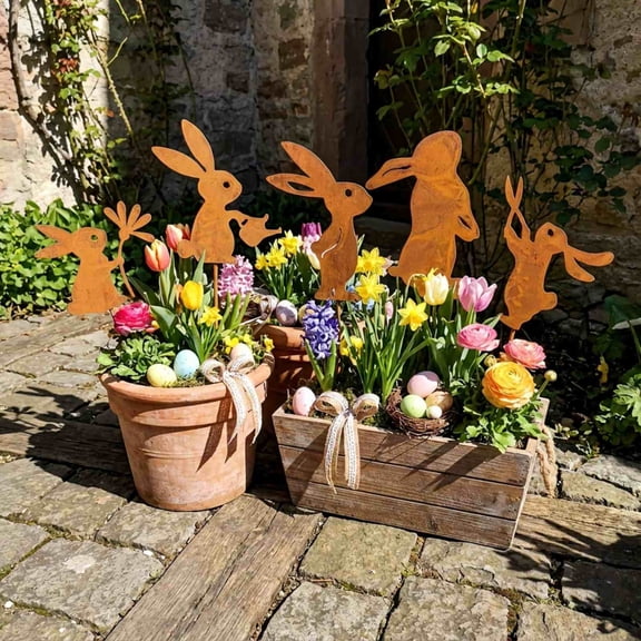 Metal Easter Bunny Garden Stake Planter Set, Rustic Iron Rabbit Silhouette Planter for Outdoor Flower Display, Yard Lawn Patio Decoration, Weather Resistant Vintage Garden Ornament