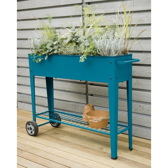 Metal Elevated Planter Cart with Wheels | Heavy Duty Outdoor Garden Work Table Steel Planter Box with Side Metal Sidewalls | Best for Growing Vegetables and Flowers