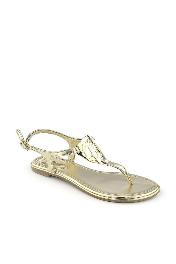 Metal Emblem Metallic Gold Flip Flop Thong Sandals Vegan Leather