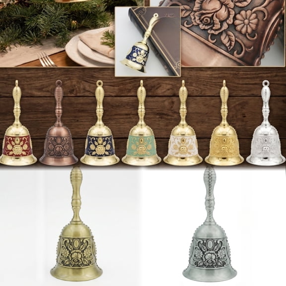 Metal Embossed Hand Ringing Bell, Vintage Christmas Decorations, Classroom Bell, Call Bell, Antique Bronze Tone 4X2 Inch Carved Hand Bell for Christmas Gift, Holiday Decor,
