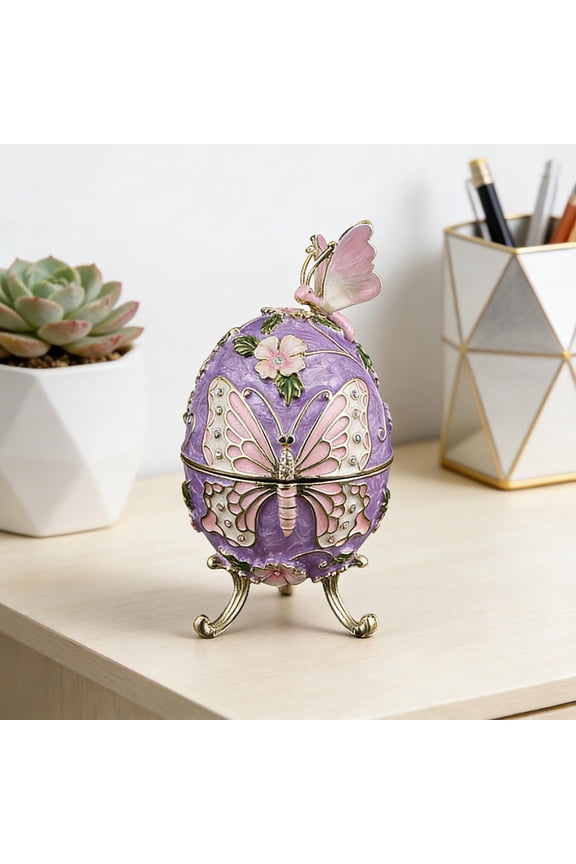Metal Enamel Ornament,Faberge Egg Hinged Jewelry Trinket Box Gift,Blue Butteryfly Egg Easter Egg Jewelry Box,Decoration Bithday Gift Trinket Box for Home Decor