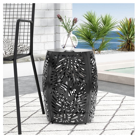Metal End Table - Large Side Table, Modern Accent Table with Palm Leaf Iron Cut Design, Powder Coated Iron Frame, Living Room, Bedroom, No Assembly