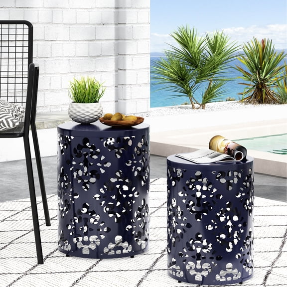 Metal End Table - Modern Design Iron Cut, Navy Blue Hue, Strong Powder-coated Frame, No Assembly Side Cut Decoration,