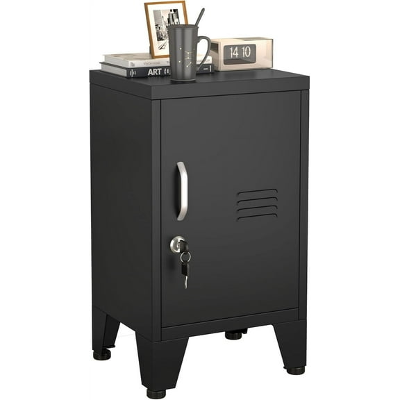 Metal End Table, Narrow Nightstand, Small Side Tables and Office Cabinet, Small Snack Storage Cabinet with Doors and 1 Adjustable Shelves, for Bedroom, Living Room, Office, Black + Silver