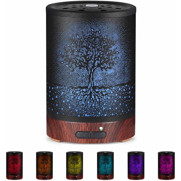 Metal Essential Oil Diffuser for HomeAromatherapy Humidifier | Waterless Auto-Off, 7-Color LED Lights, Quiet Cool Mist, for the Bedroom, Living Room, and Office (Tree)