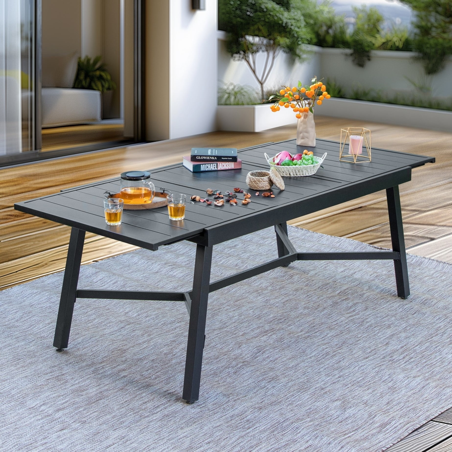 Black Metal Expandable Outdoor Patio Dining Table for 6-8