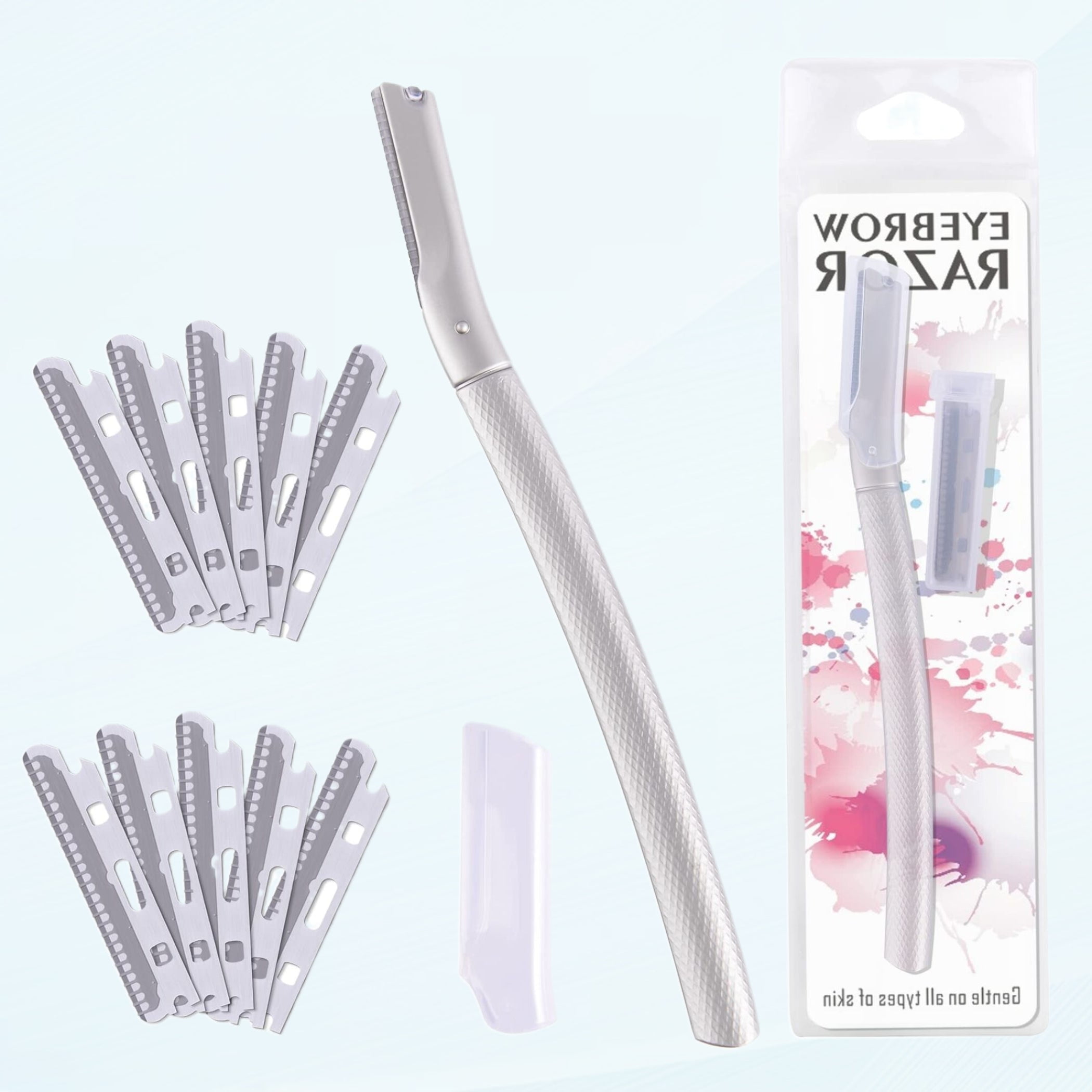 Metal Eye Razor with Replacement Blades, Dermaplaning Tool for Sensitive Skin, Men's and Women's Safety Shaving Razors for Facial Mustache Removal, Body Hair Removal (10 Refills)