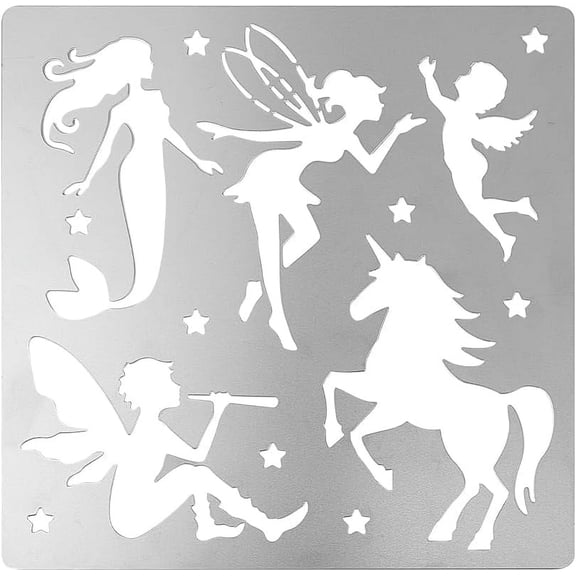 Metal Fairy Stencil 6.14 inch Square Single Horn Horse Scrapbooking Drawing Stencils Stainless Steel Mermaid Painting Stencils for Engraving Pyrography Journal and Planner Making