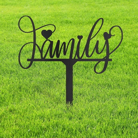 Metal Family Sign Garden Stake Decorative, Script Lettering with Heart Accents Silhouette Statues for Yard Art, Outside, Patio, Outdoor Decor, Garden Decorations, Lawn Ornaments - 24" Black