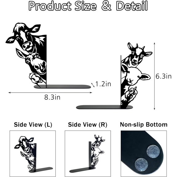 Metal Farmhouse Peeking Animals Bookend, Unique Decorative Book Ends for Shelves, Cute Bookshelf Decor, Bookshelf Decorative Objects for Home Office Desk Bookshelf Decor, Black