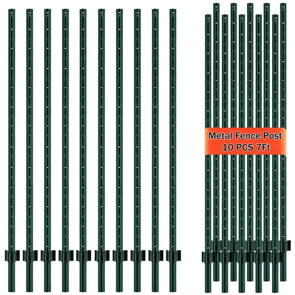 Metal Fence Post,7 Feet 10 Pack Heavy Duty Garden Fence Post,Steel Fence Post with U-Channel,No Dig U Pointed Bottom Fence Posts,Corner Anchors for Yards,Lawns and Gardens
