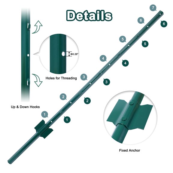 Metal Fence Posts 4ft - 10 Pack, Green Steel U-Channel Posts for Garden Wire Fence, Corner Anchor Posts for Outdoor Patio