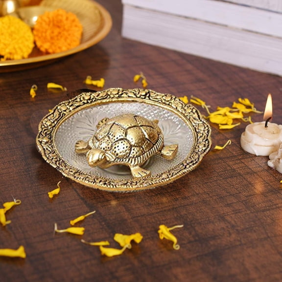 Metal Feng Shui Tortoise On Plate Showpiece for Good Luck Turtle Vastu Gift for Career and Luck Home Decoration