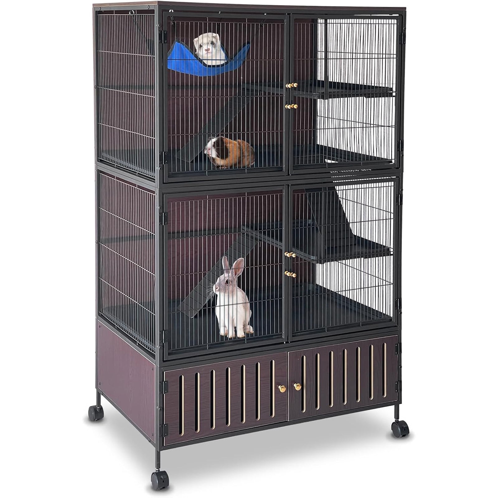 Metal Ferret Cage 36.5"x23"x60" 3-Level Rolling Chinchilla Cage, Small Animal Mansion with Hammock, Lockable Storage & Ramps, Multi-Species Habitat for Ferret, Chinchilla, Guinea Pig, Pet Rat